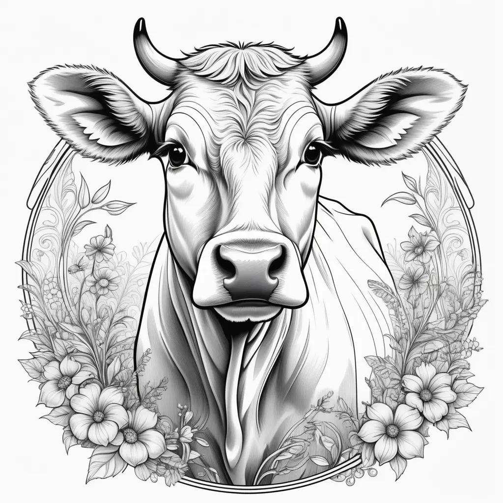 black and white cow drawing with flowers in a circle