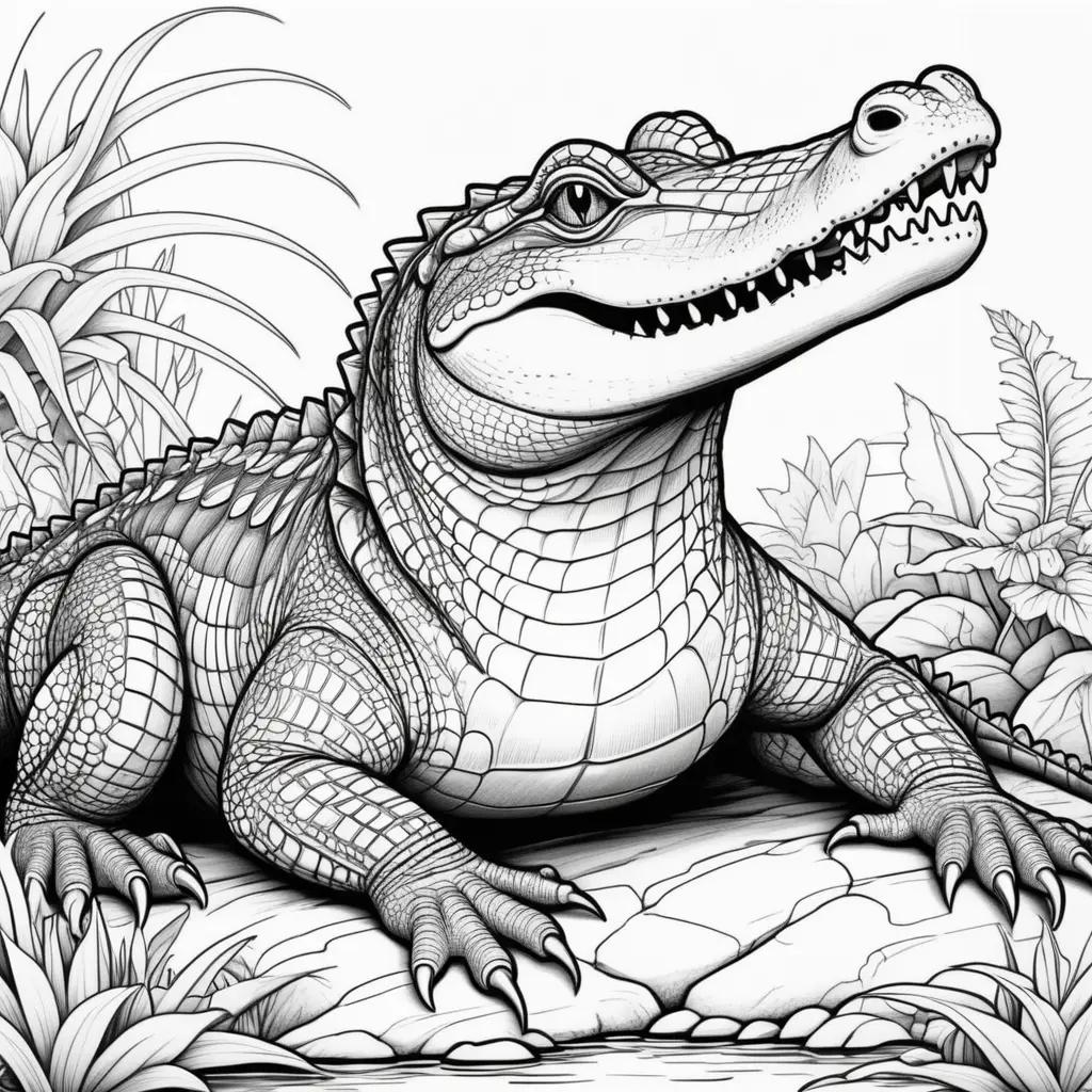 black and white crocodile coloring page with mouth open