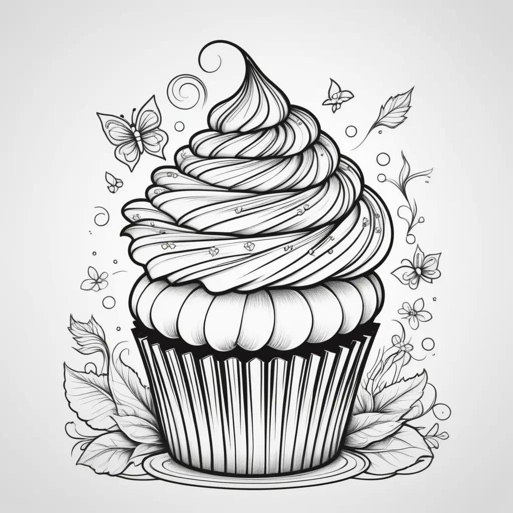 black and white cupcake coloring page with flowers and butterflies