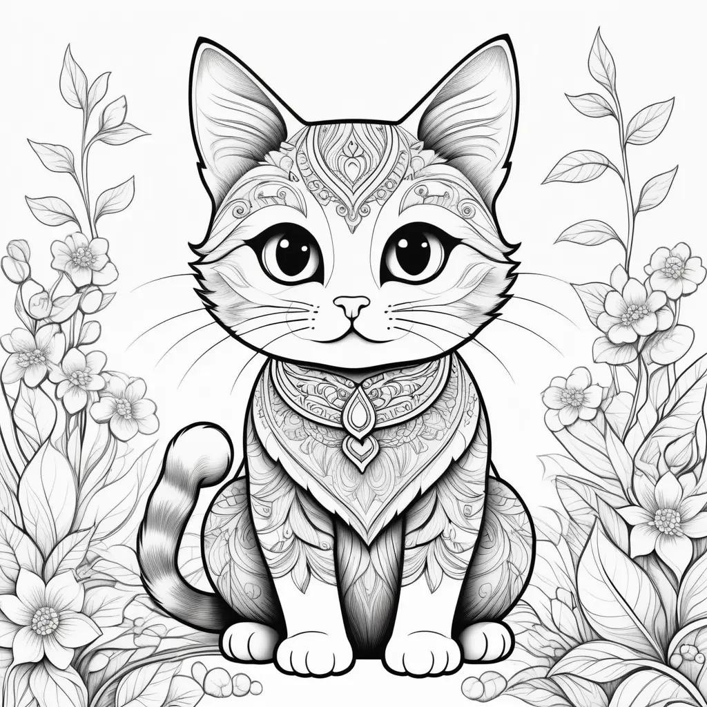 black and white cute cat coloring page with flowers