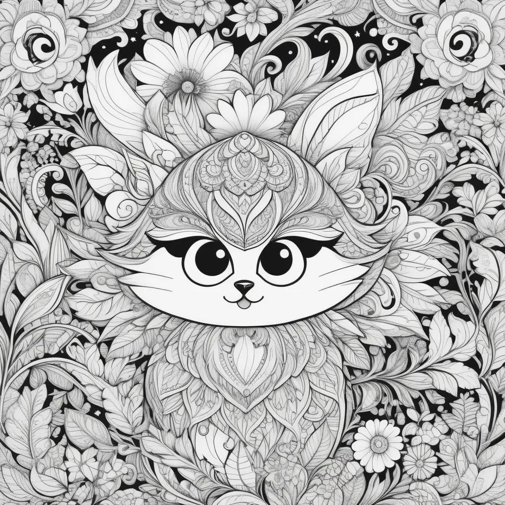 black and white cute coloring page with a cat