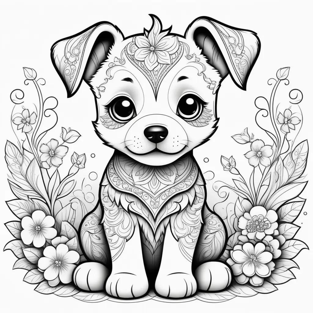 black and white cute puppy coloring page with flowers