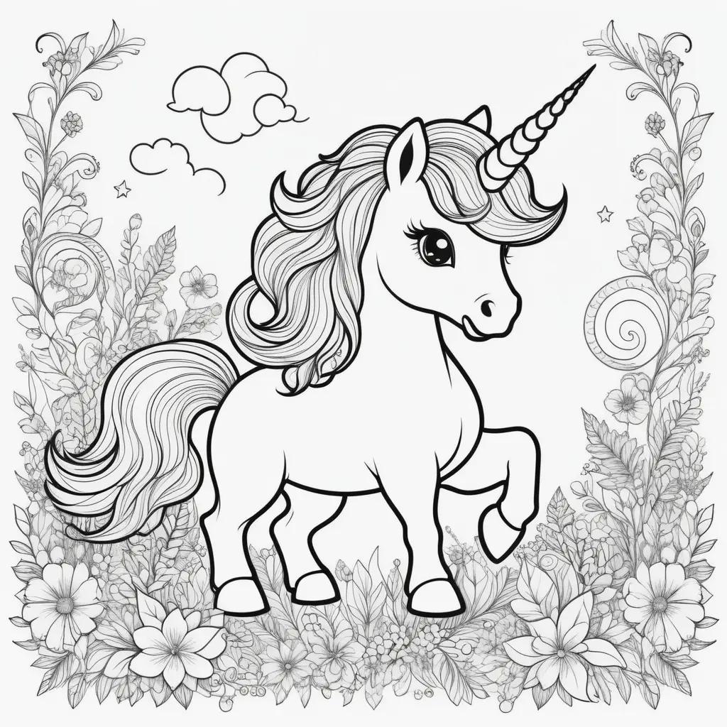 black and white cute unicorn coloring page with flowers