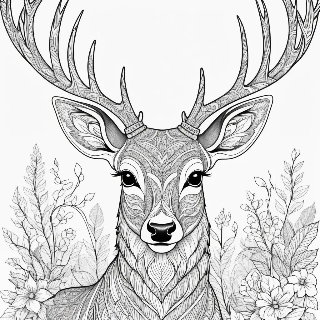 black and white deer with antlers on a floral background