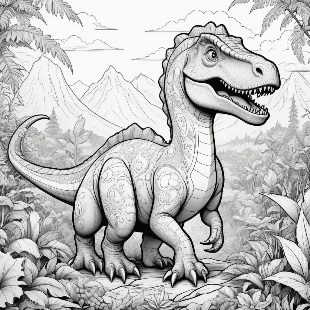 ジャングル設定の白黒恐竜カラーページ