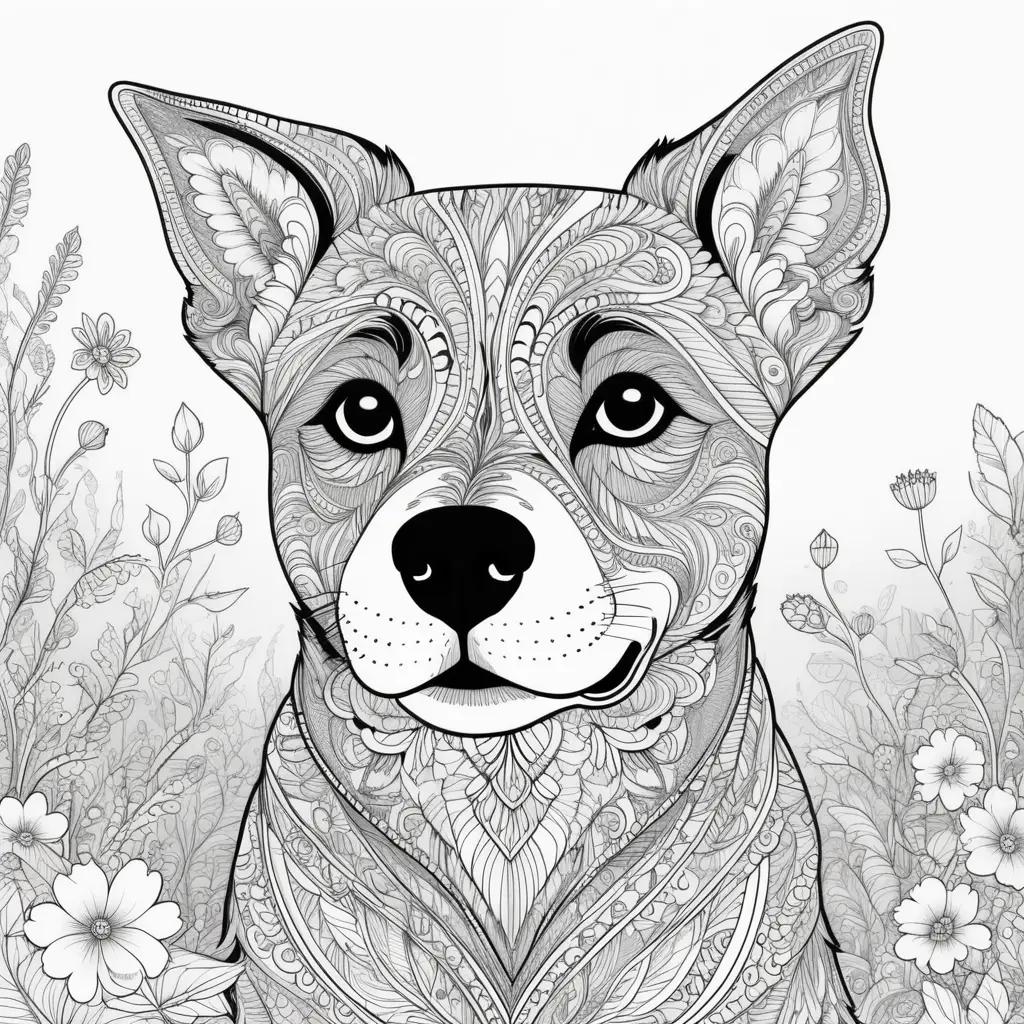 black and white dog coloring page with a floral background