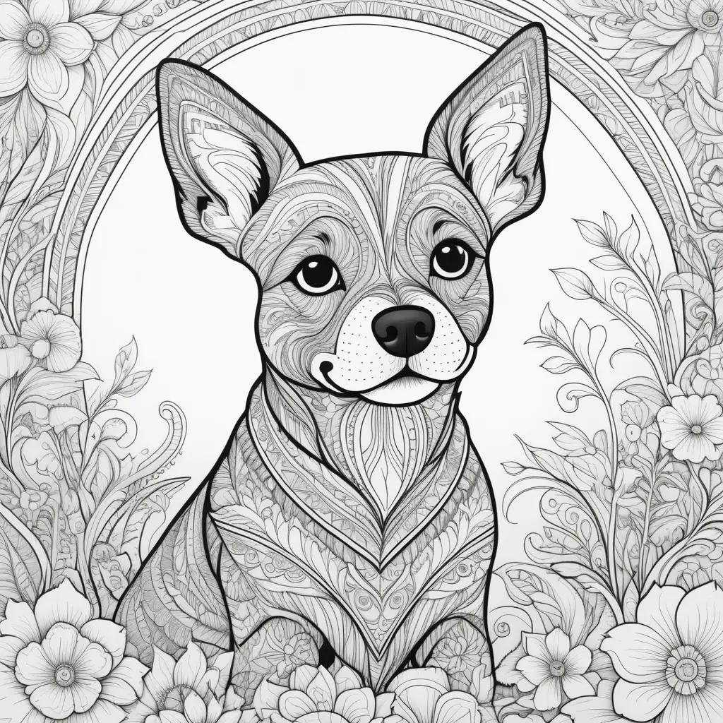 black and white dog coloring page with flowers