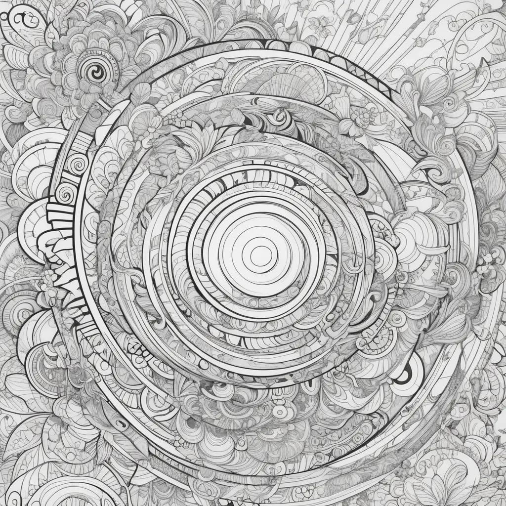 black and white doodle of a spiral with a flash color page