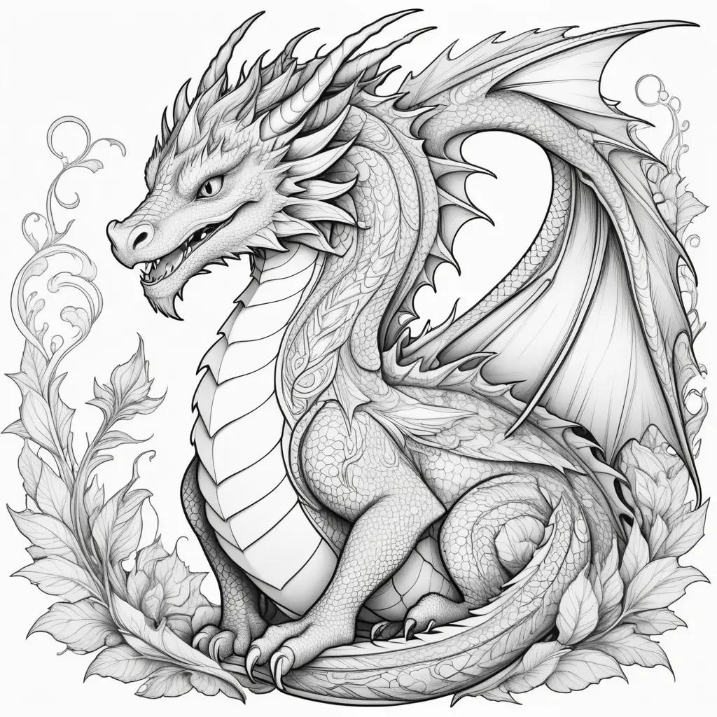 black and white dragon coloring page with a vine around it