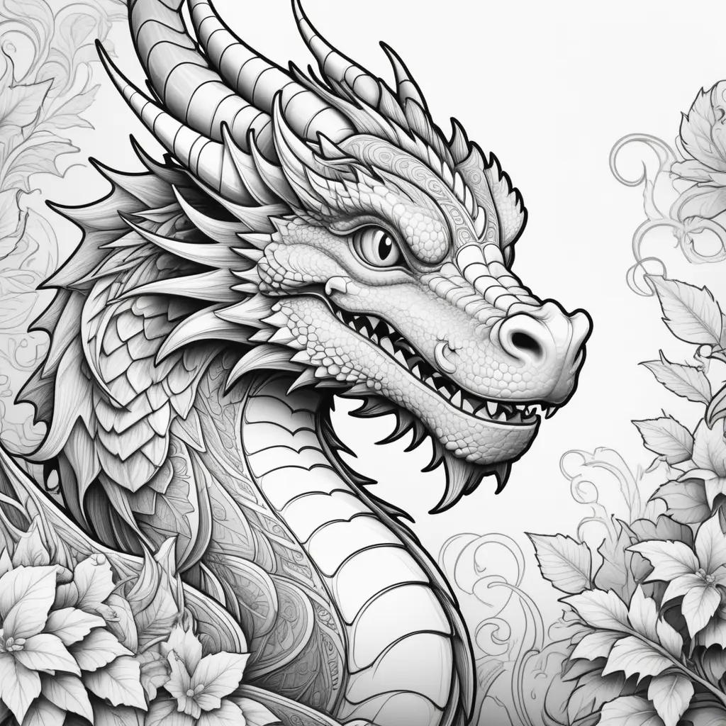 black and white dragon coloring page with leaves