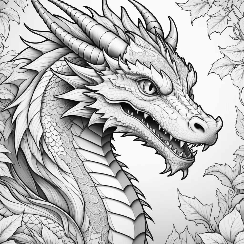 black and white dragon print with leaves around it