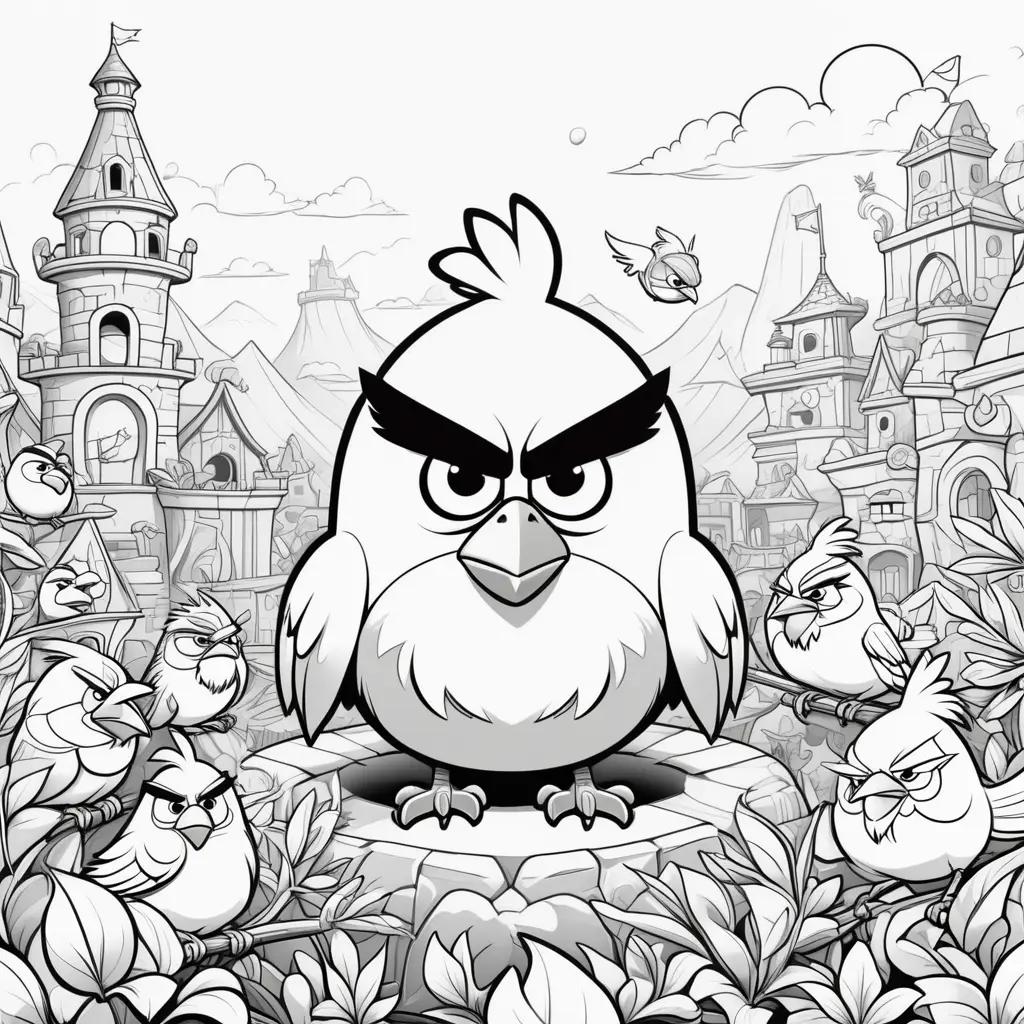 black and white drawing of Angry Birds in a city