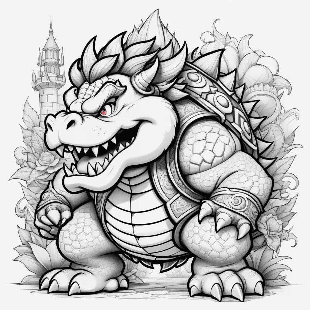 black and white drawing of Bowser with a castle in the background