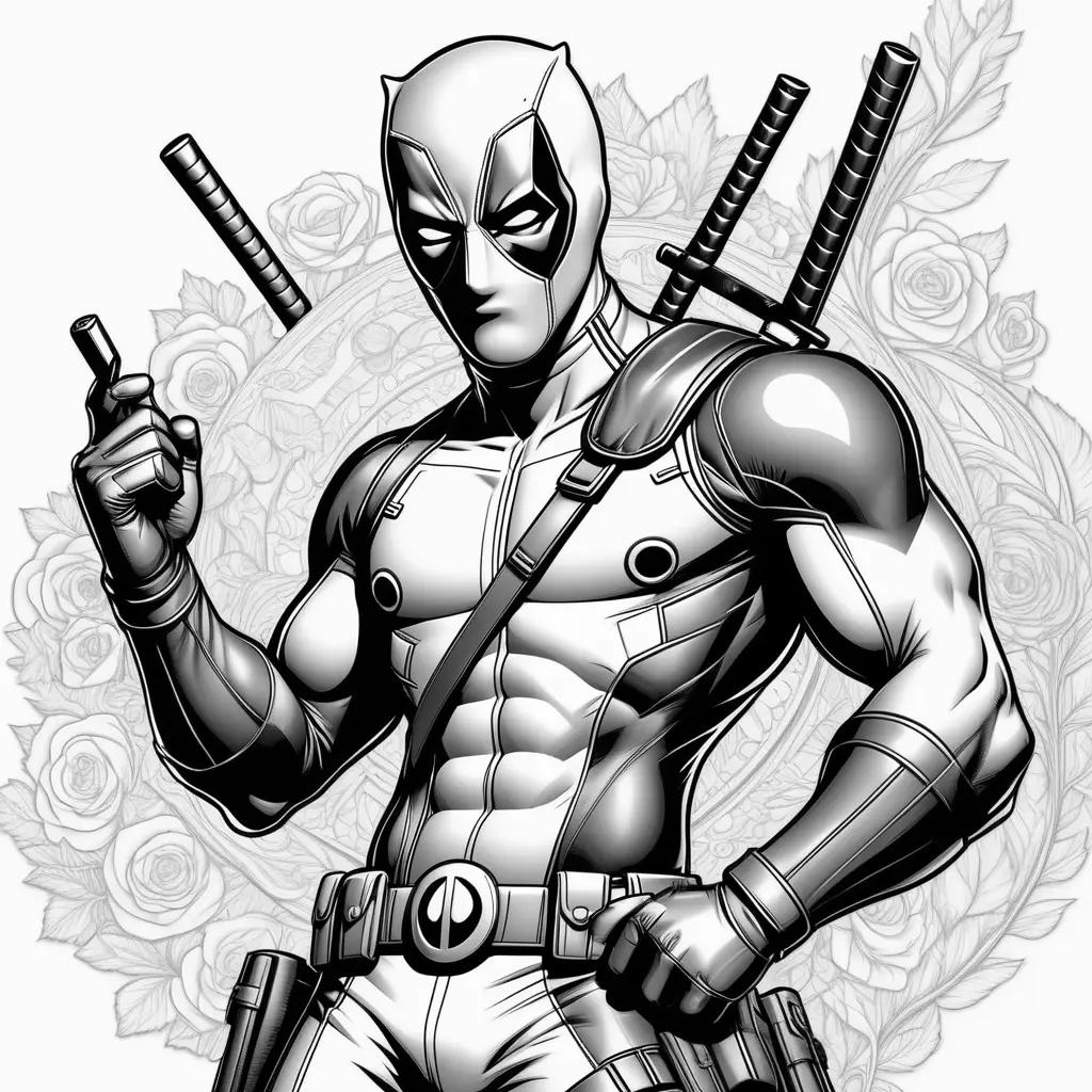 black and white drawing of Deadpool holding three swords