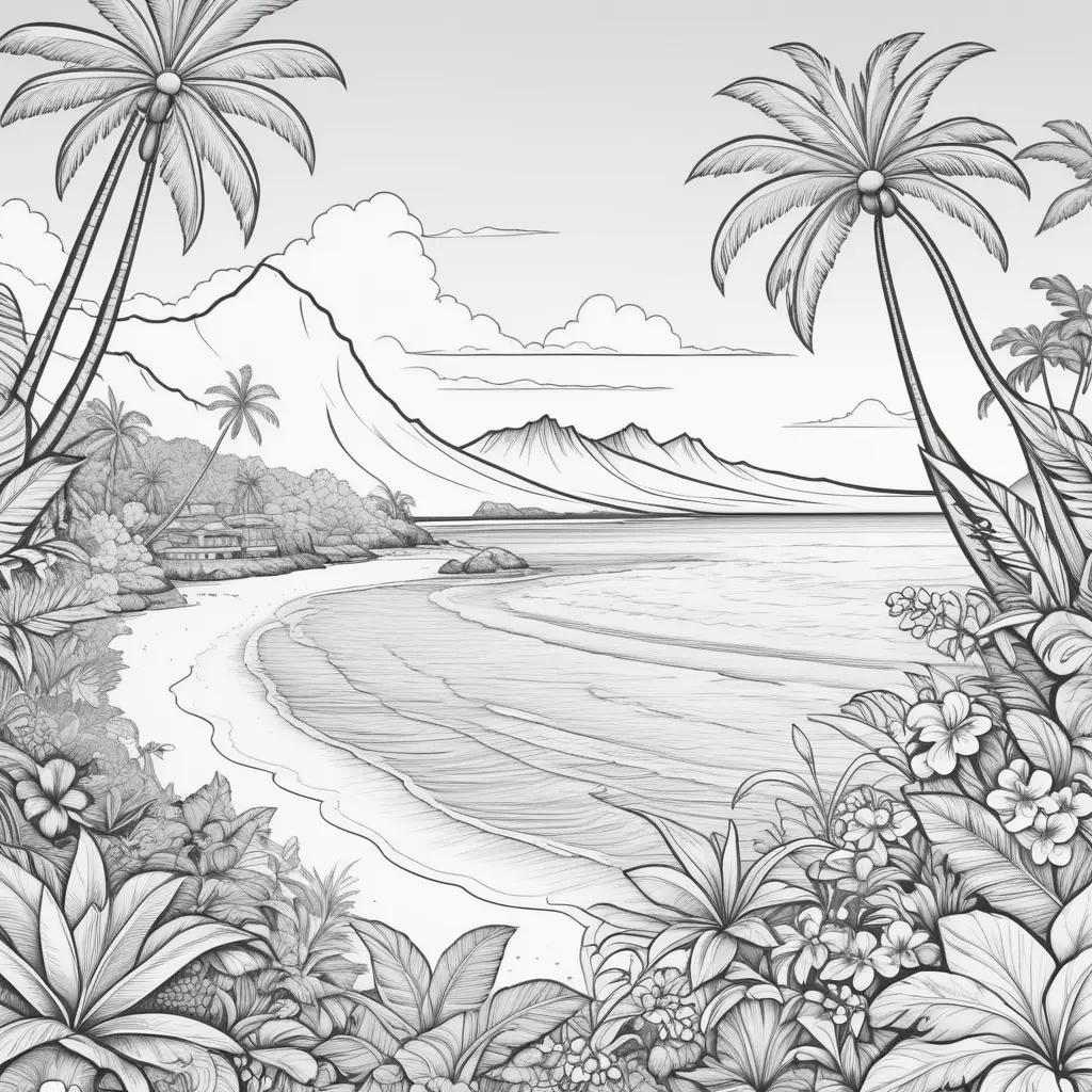 black and white drawing of Hawaii with tropical flowers