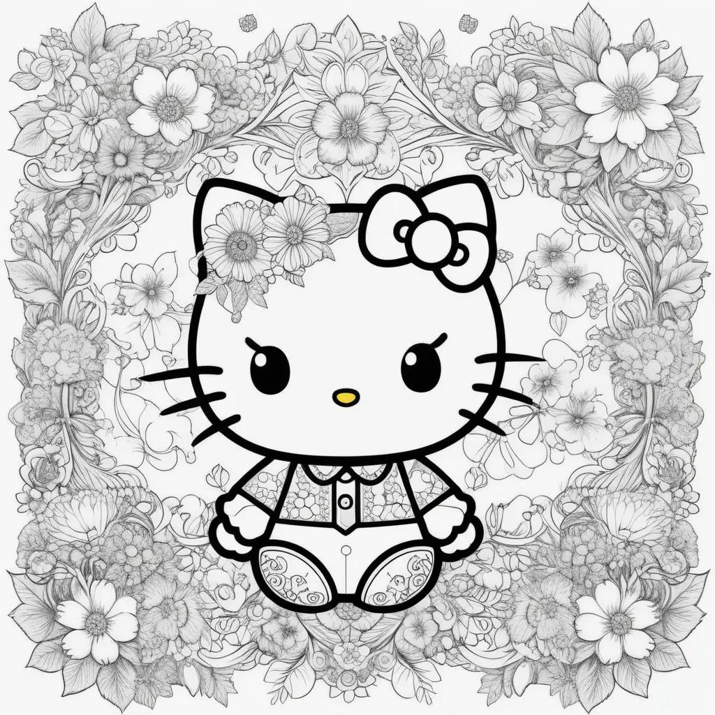 black and white drawing of Hello Kitty surrounded by flowers