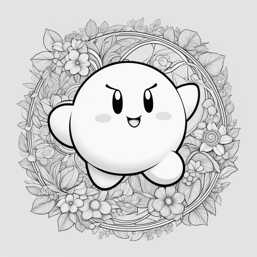 black and white drawing of Kirby with a flower wreath