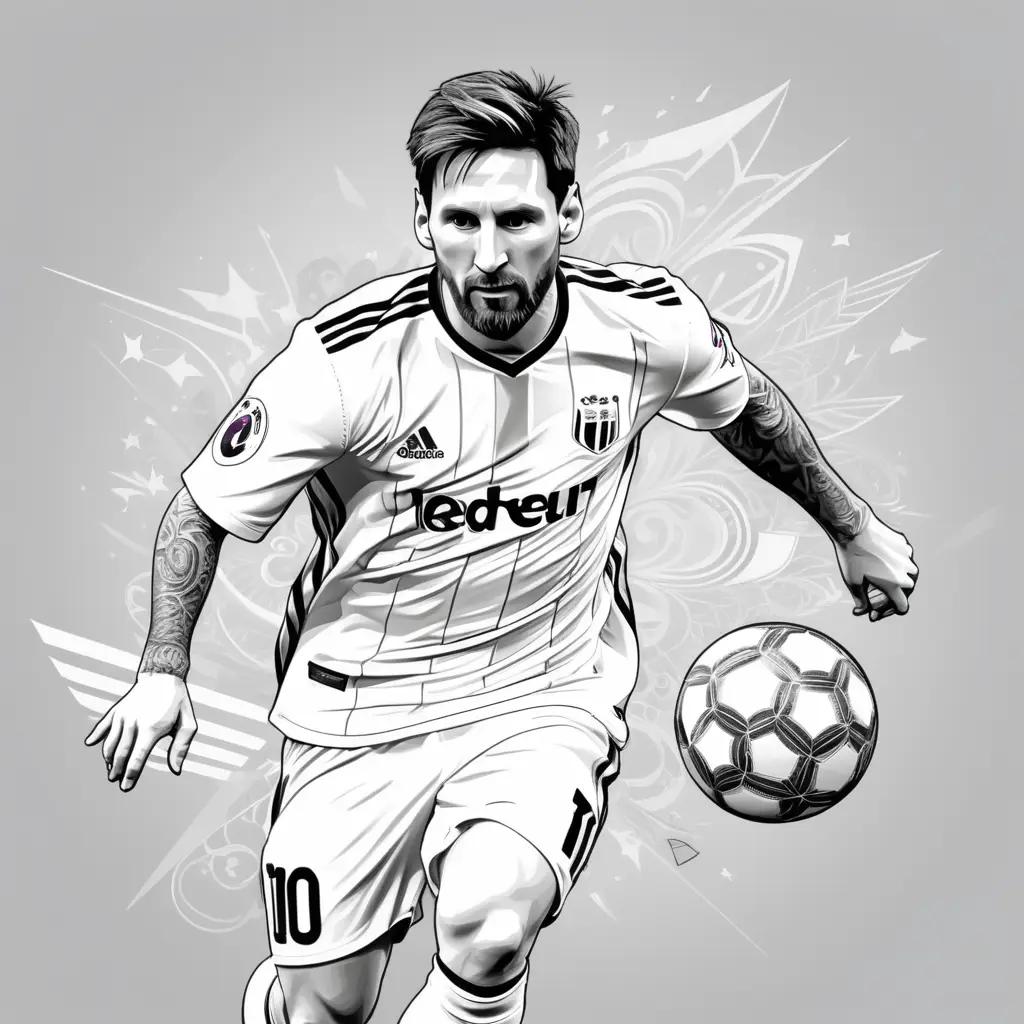 black and white drawing of Lionel Messi with a soccer ball