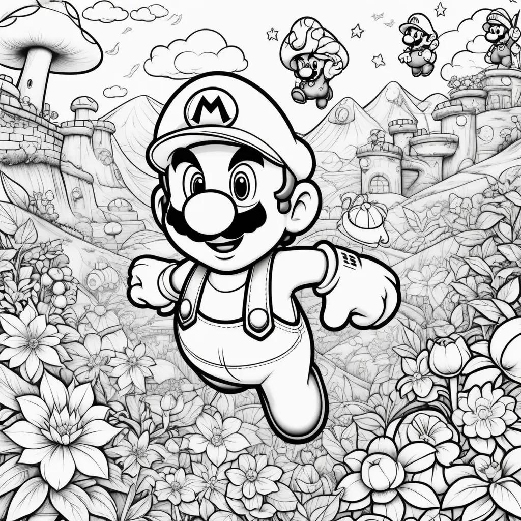 black and white drawing of Mario Brothers in a garden