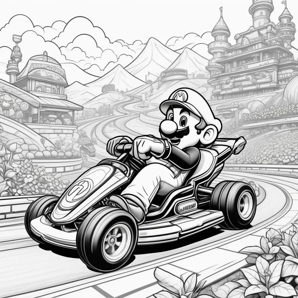 black and white drawing of Mario Kart