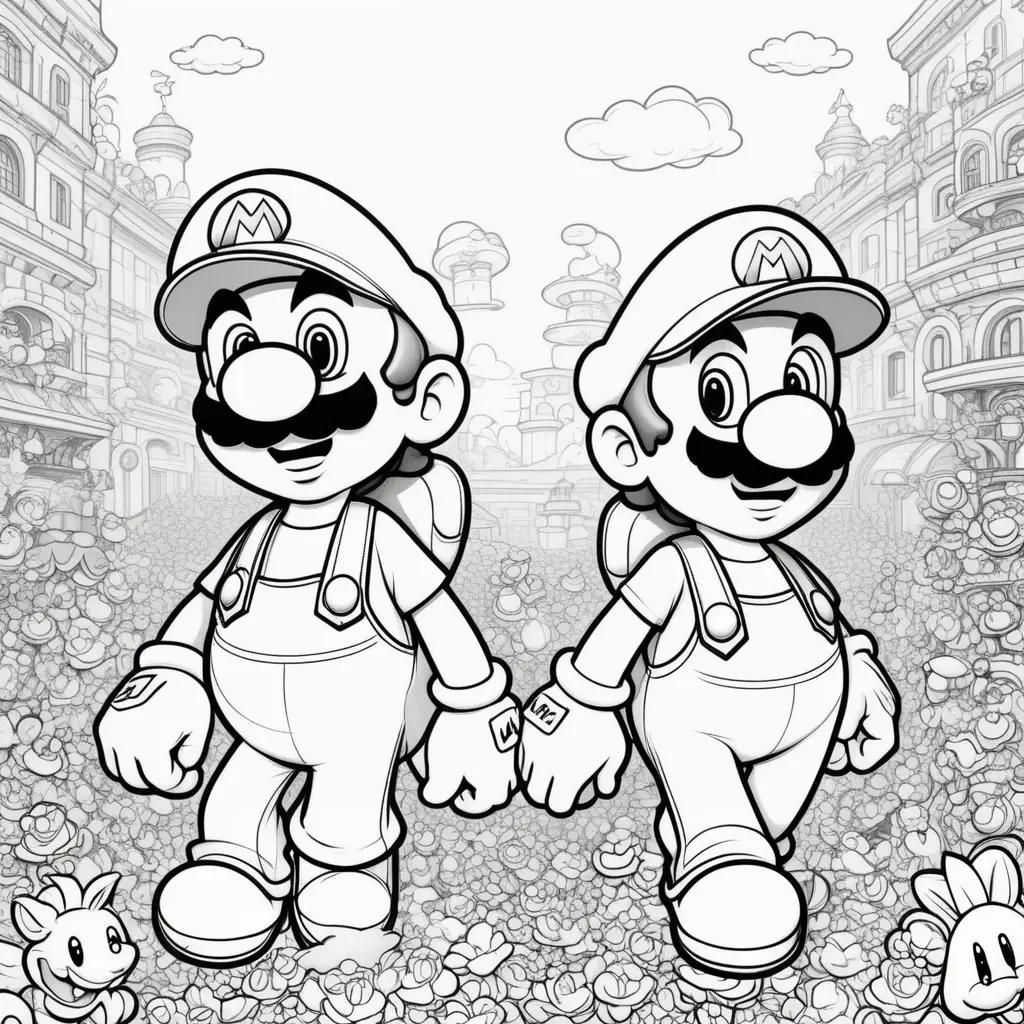 black and white drawing of Mario and Luigi