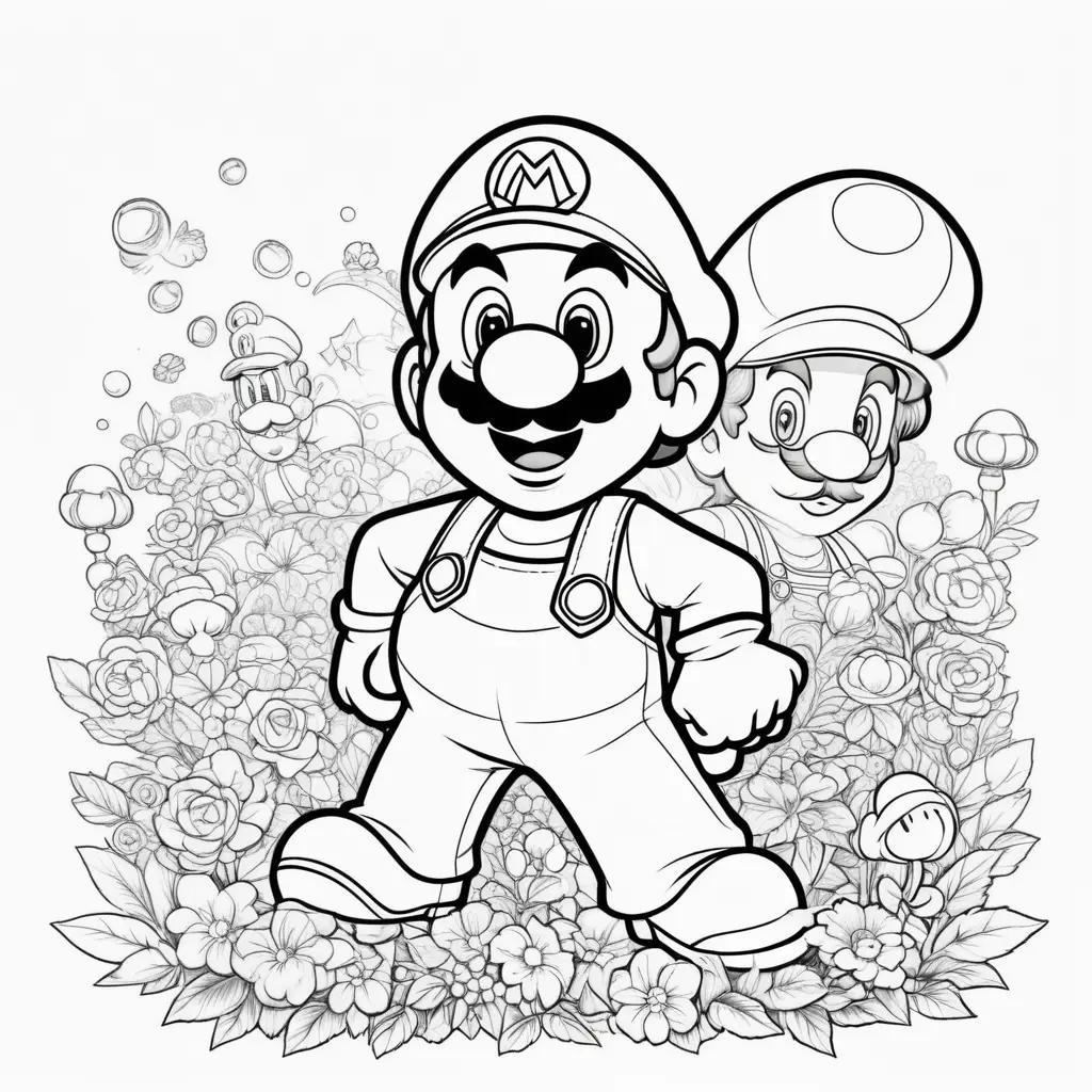 black and white drawing of Mario and Luigi in a garden