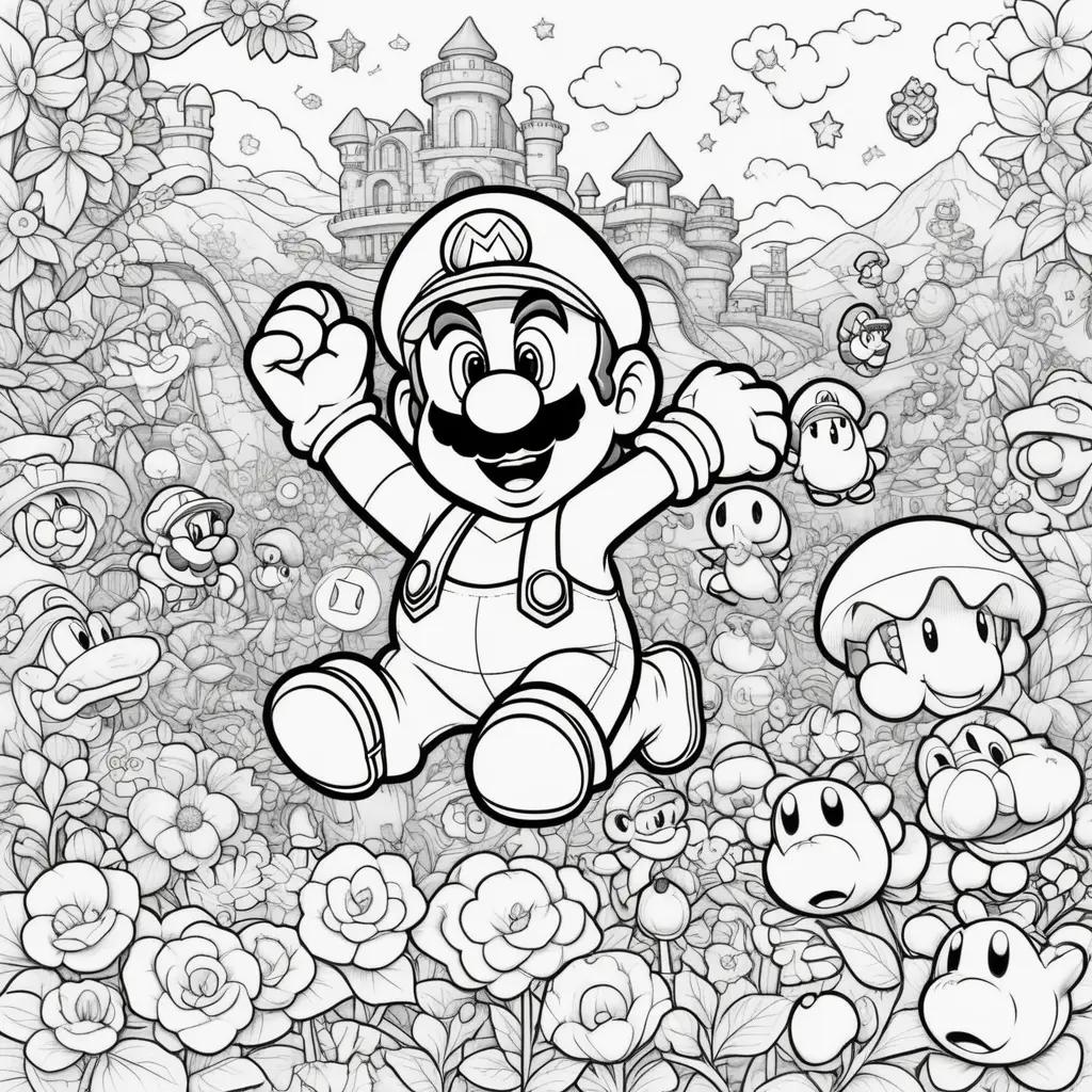 black and white drawing of Mario and his friends