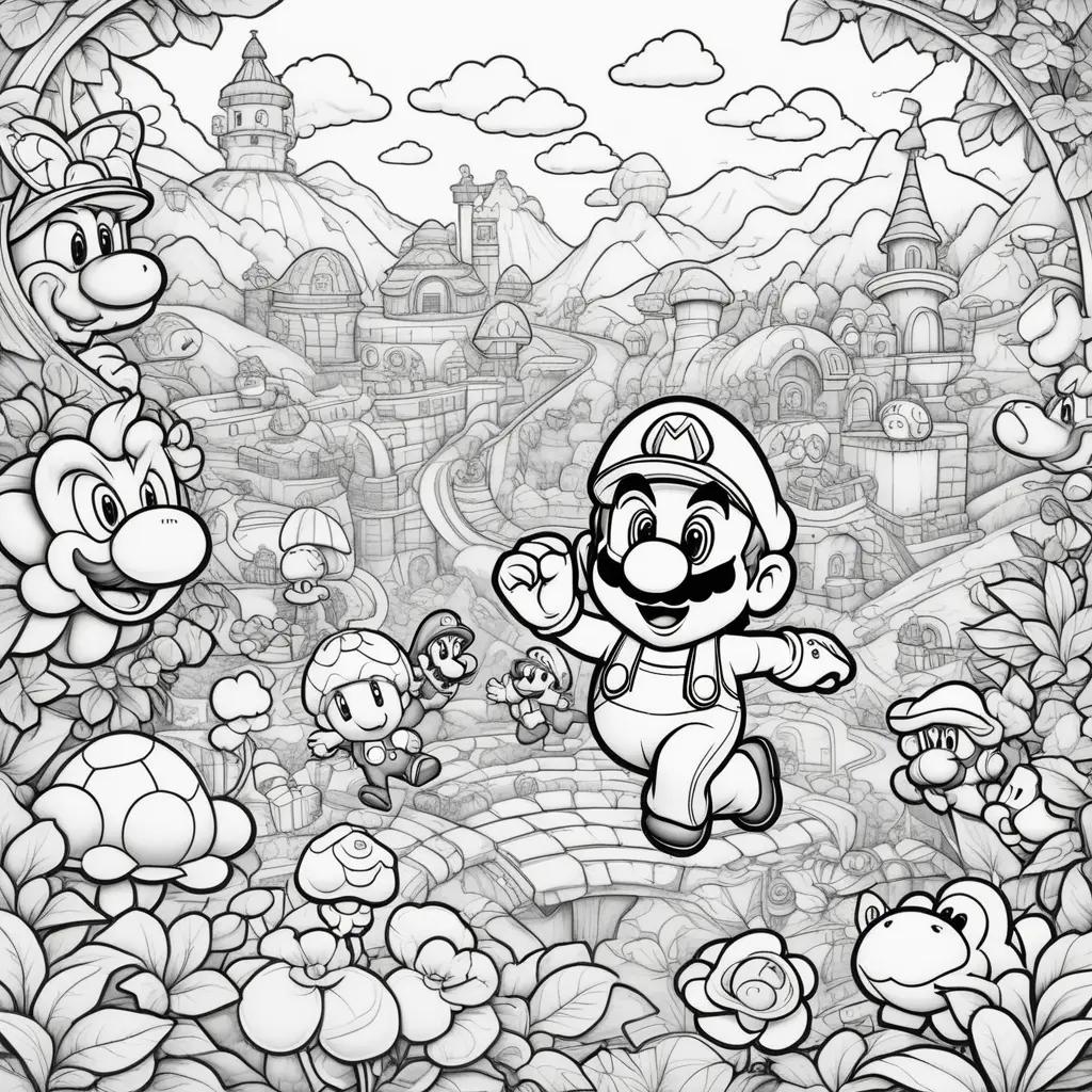 black and white drawing of Mario characters