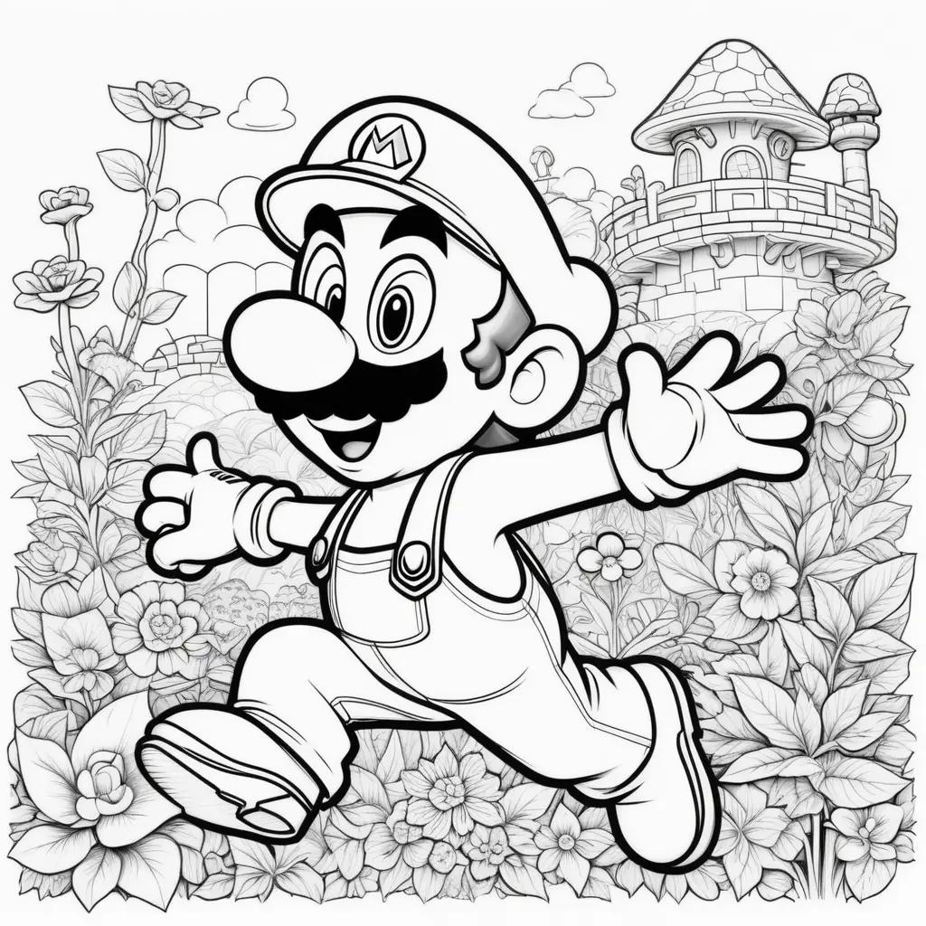 black and white drawing of Mario coloring pages