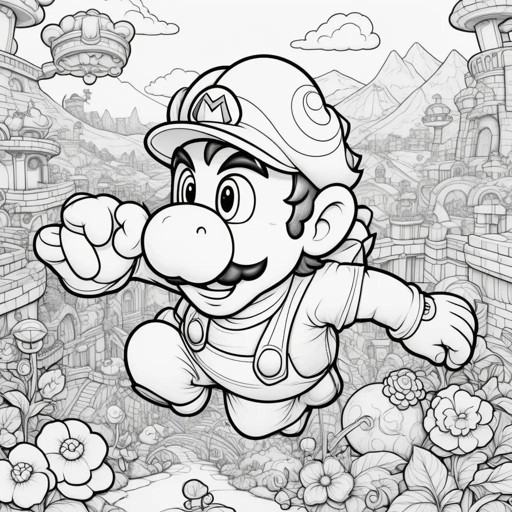 black and white drawing of Mario in a movie coloring page