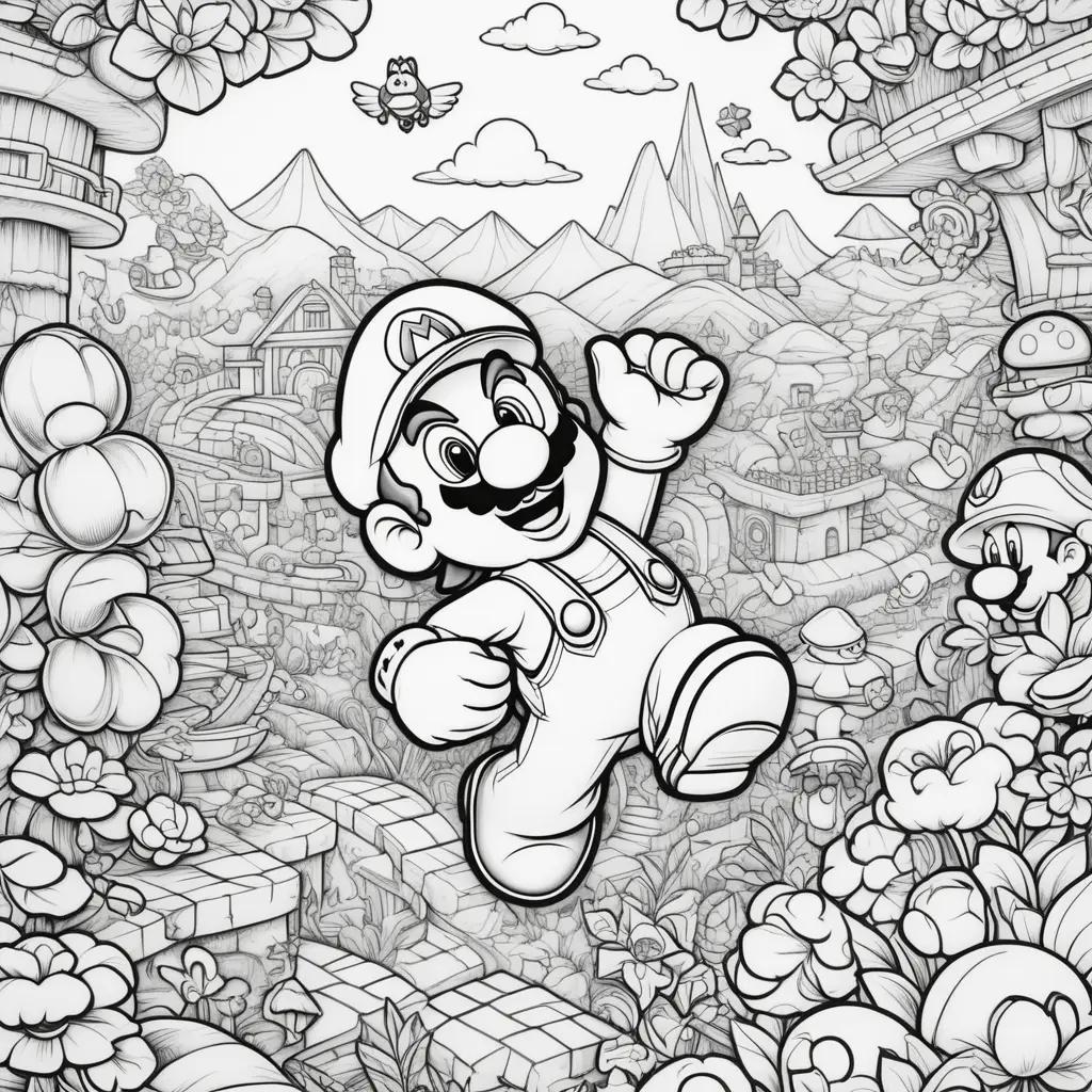 black and white drawing of Mario in a town