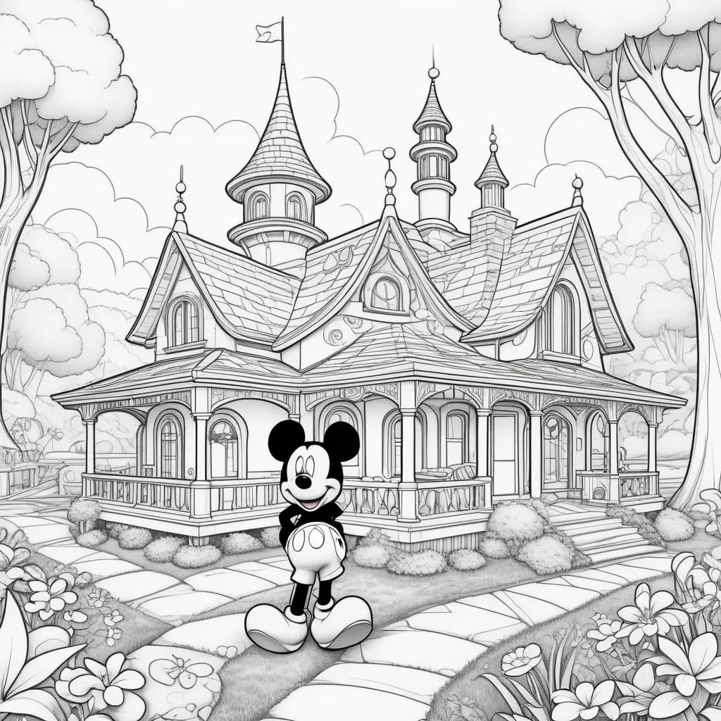 black and white drawing of Mickey Mouse in front of a colorful house