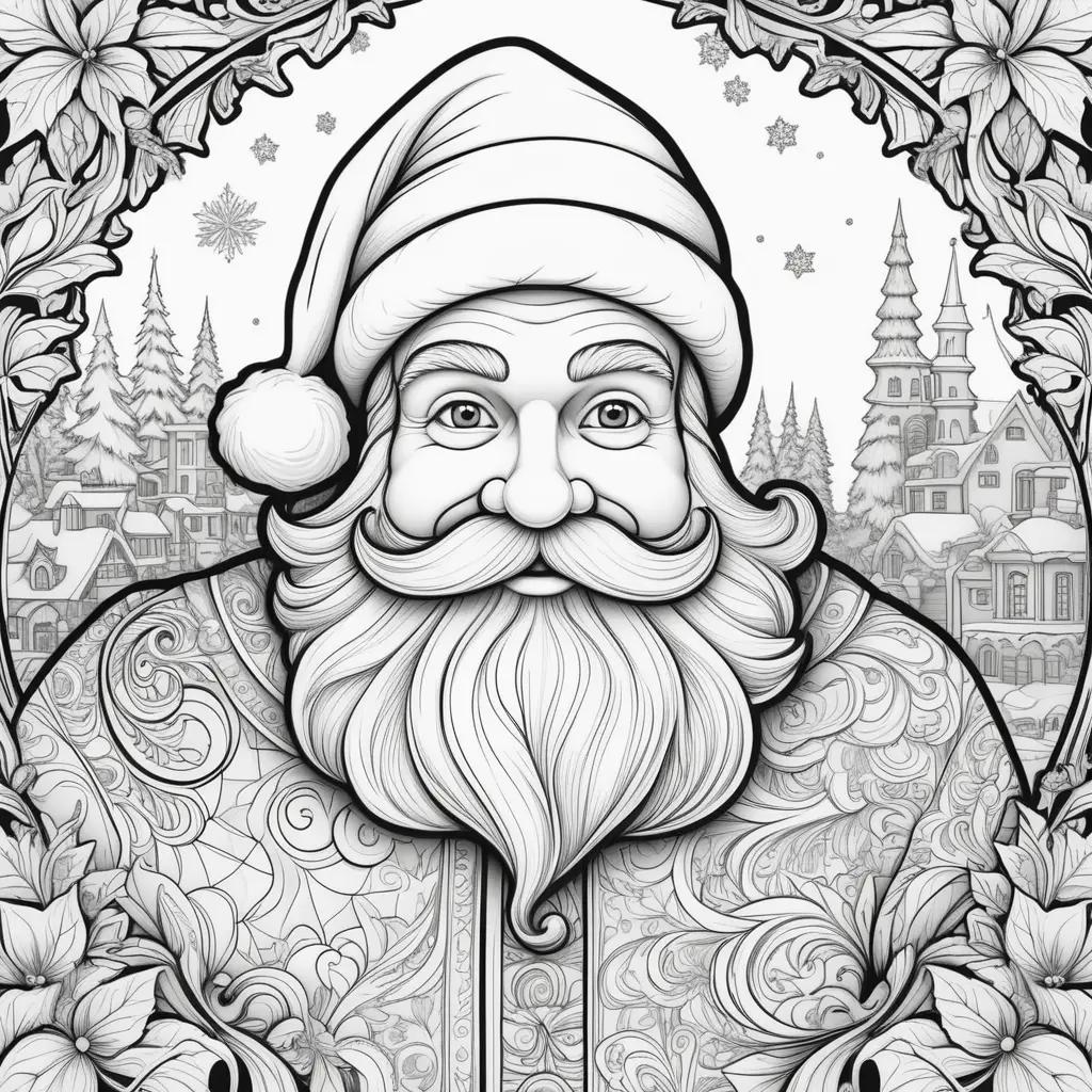 black and white drawing of Santa Claus in a Christmas scene