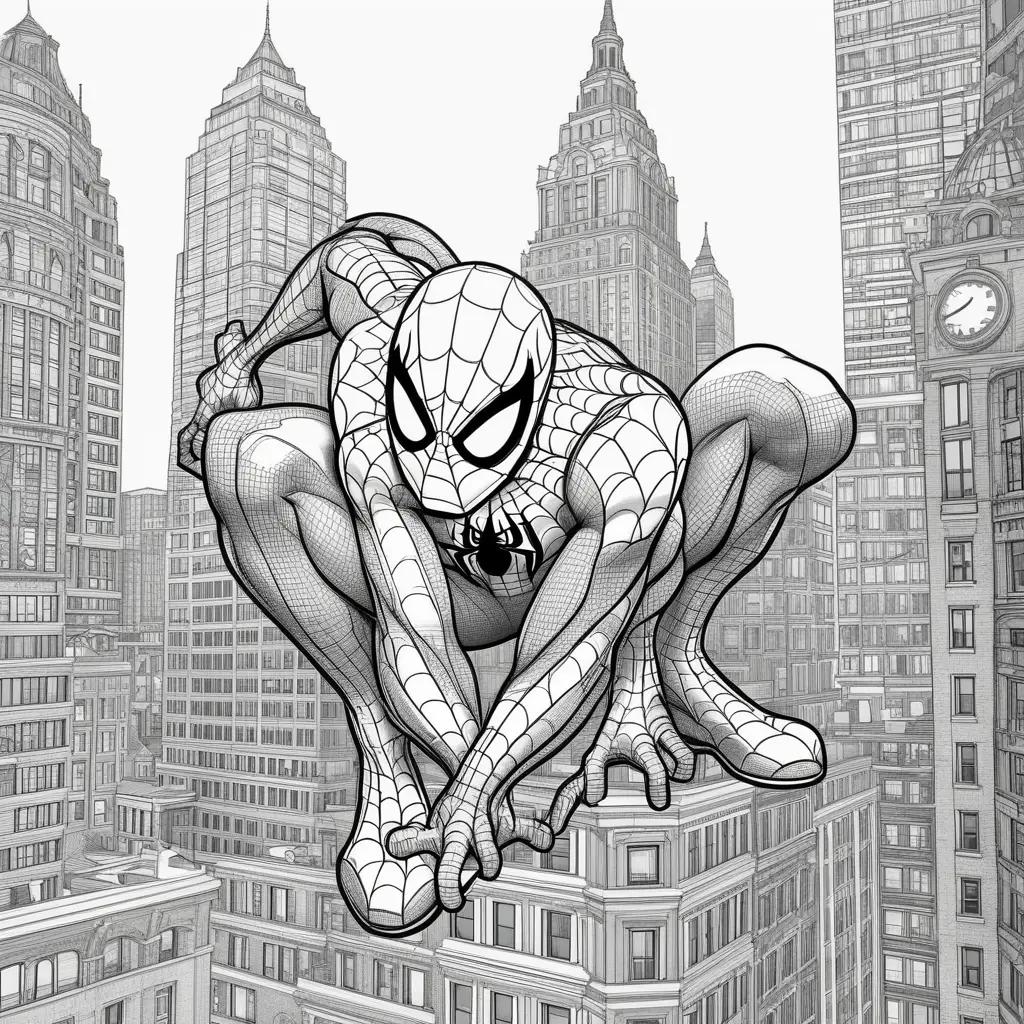 black and white drawing of Spiderman in the city