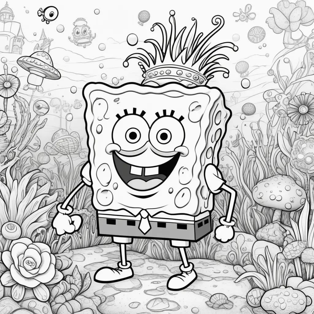 black and white drawing of Spongebob characters in a cartoon style