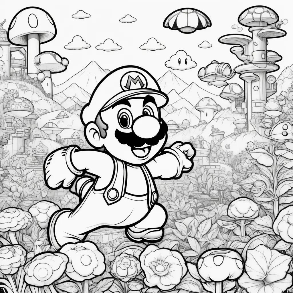 black and white drawing of Super Mario running through a forest