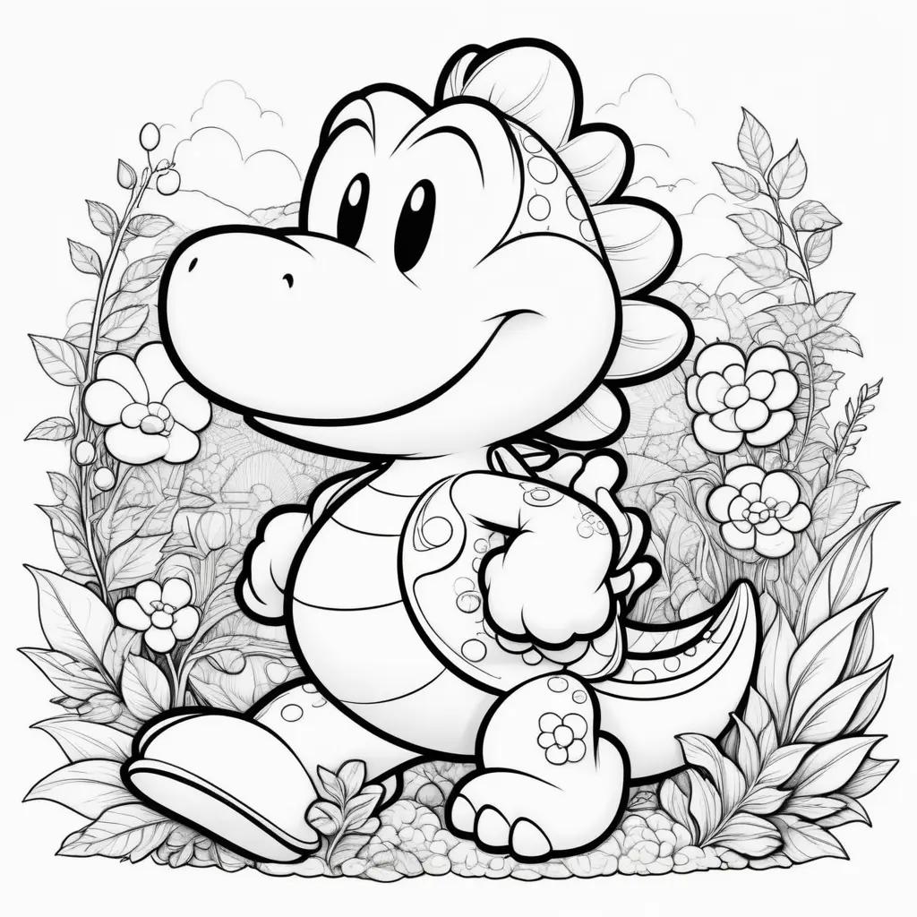 black and white drawing of Yoshi, a cartoon dinosaur, walking through a garden