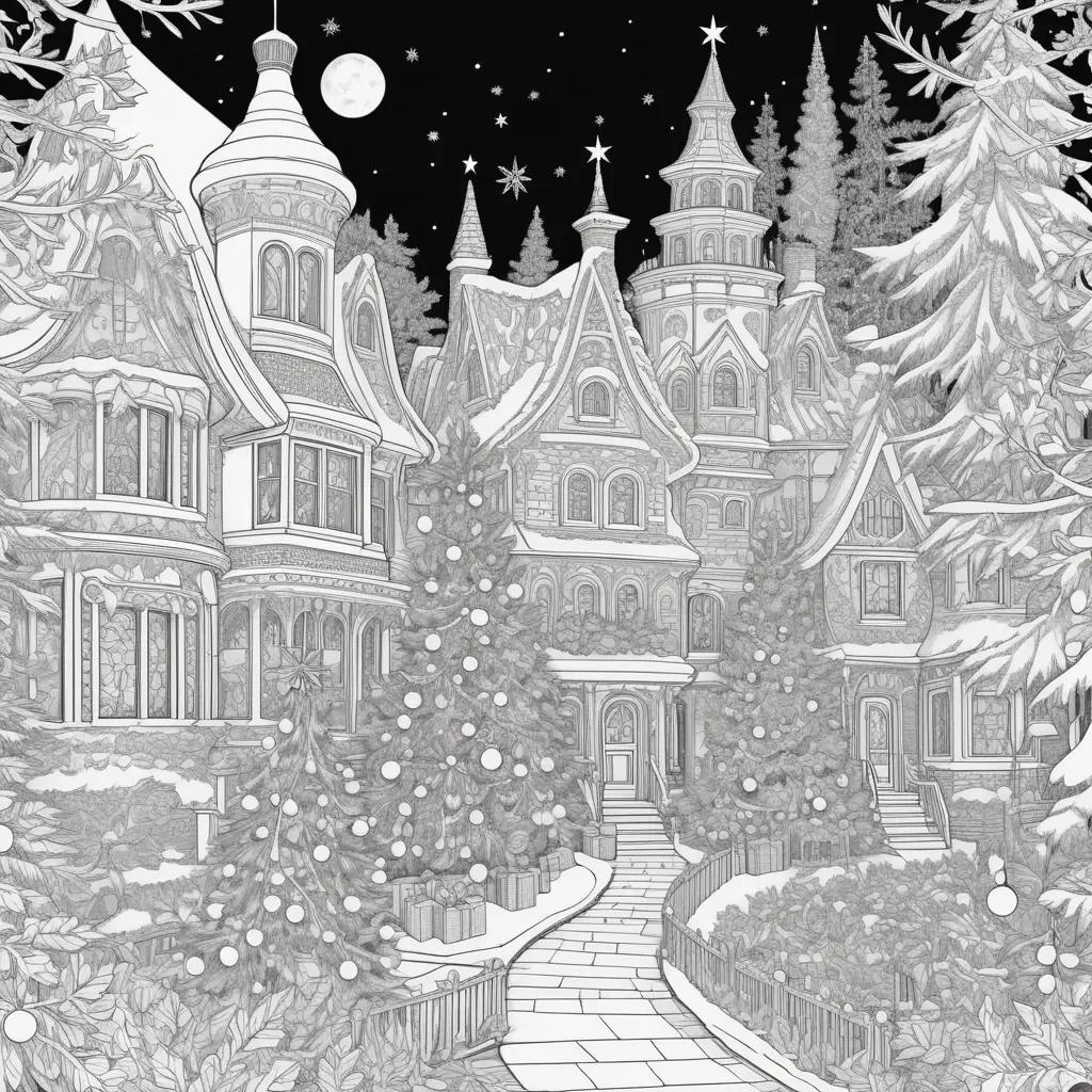 black and white drawing of a Christmas scene