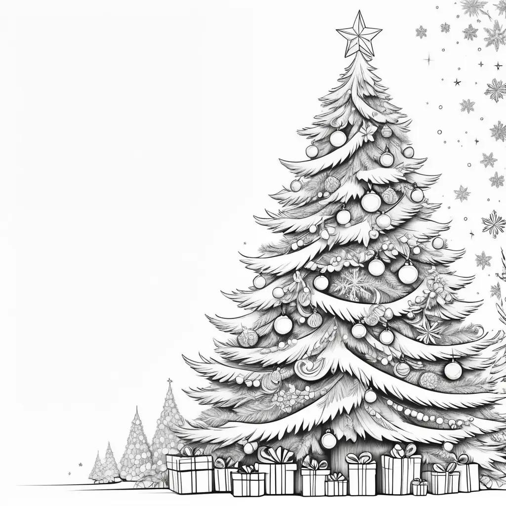 black and white drawing of a Christmas tree with gifts and stars