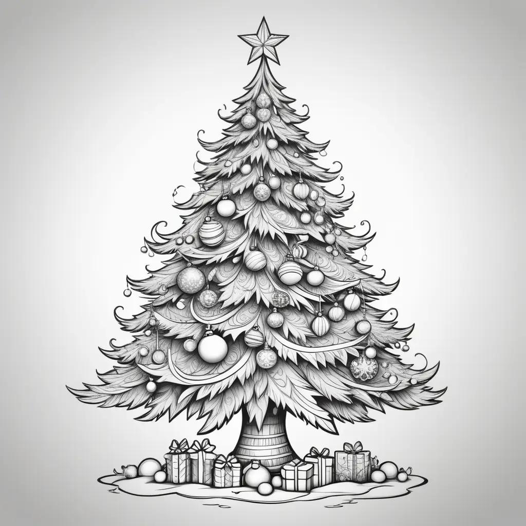 black and white drawing of a Christmas tree with ornaments and gifts