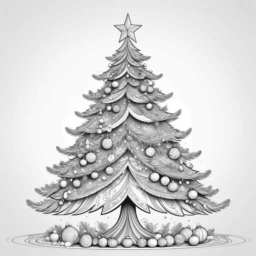 black and white drawing of a Christmas tree with ornaments