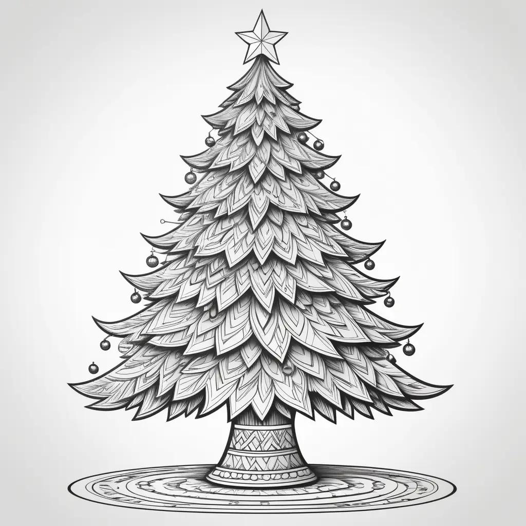 black and white drawing of a Christmas tree with ornaments