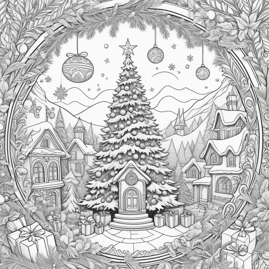 black and white drawing of a Christmas tree with presents and ornaments