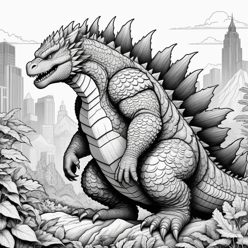 black and white drawing of a Godzilla coloring page