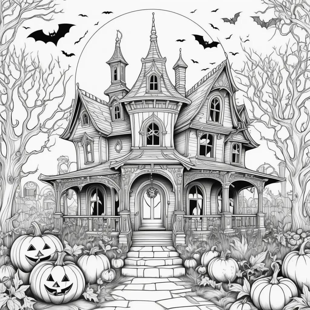 black and white drawing of a Halloween house and pumpkins