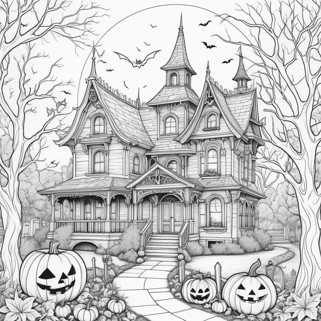 black and white drawing of a Halloween house with pumpkins and bats