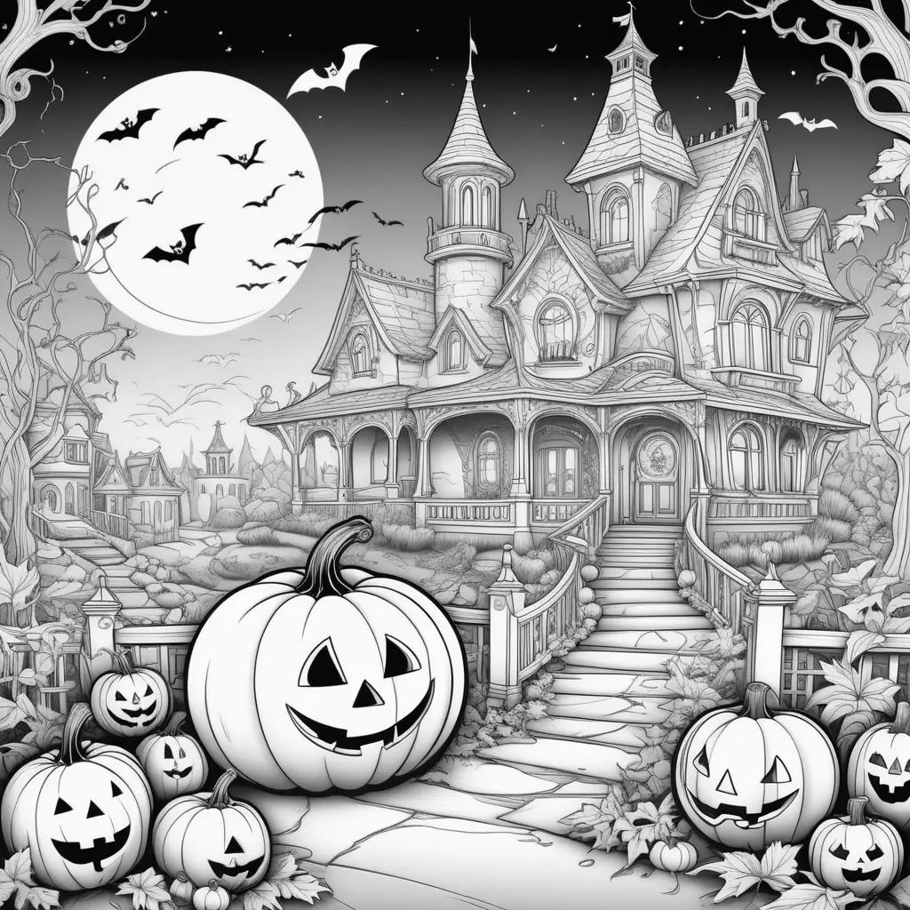 black and white drawing of a Halloween scene with pumpkins and bats