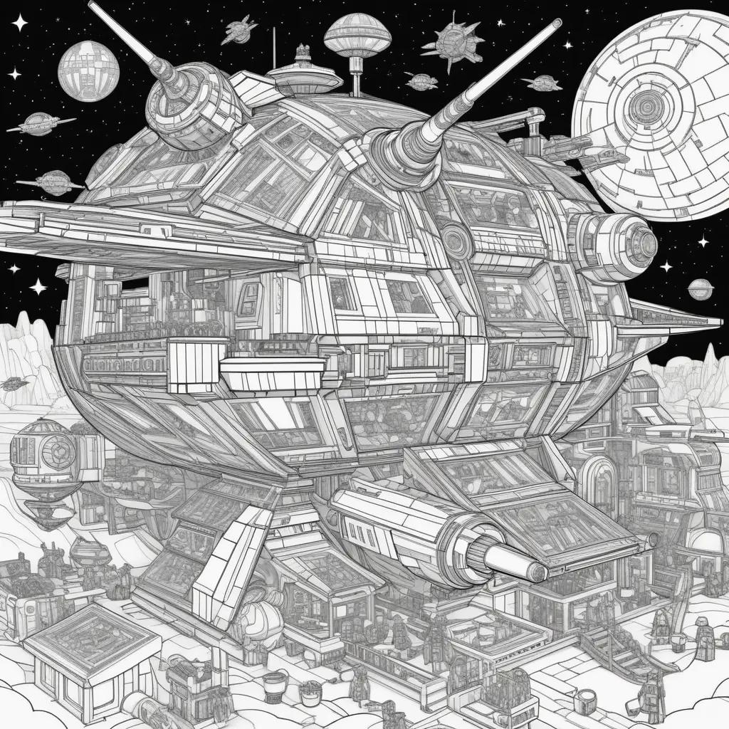 black and white drawing of a Lego Star Wars spaceship