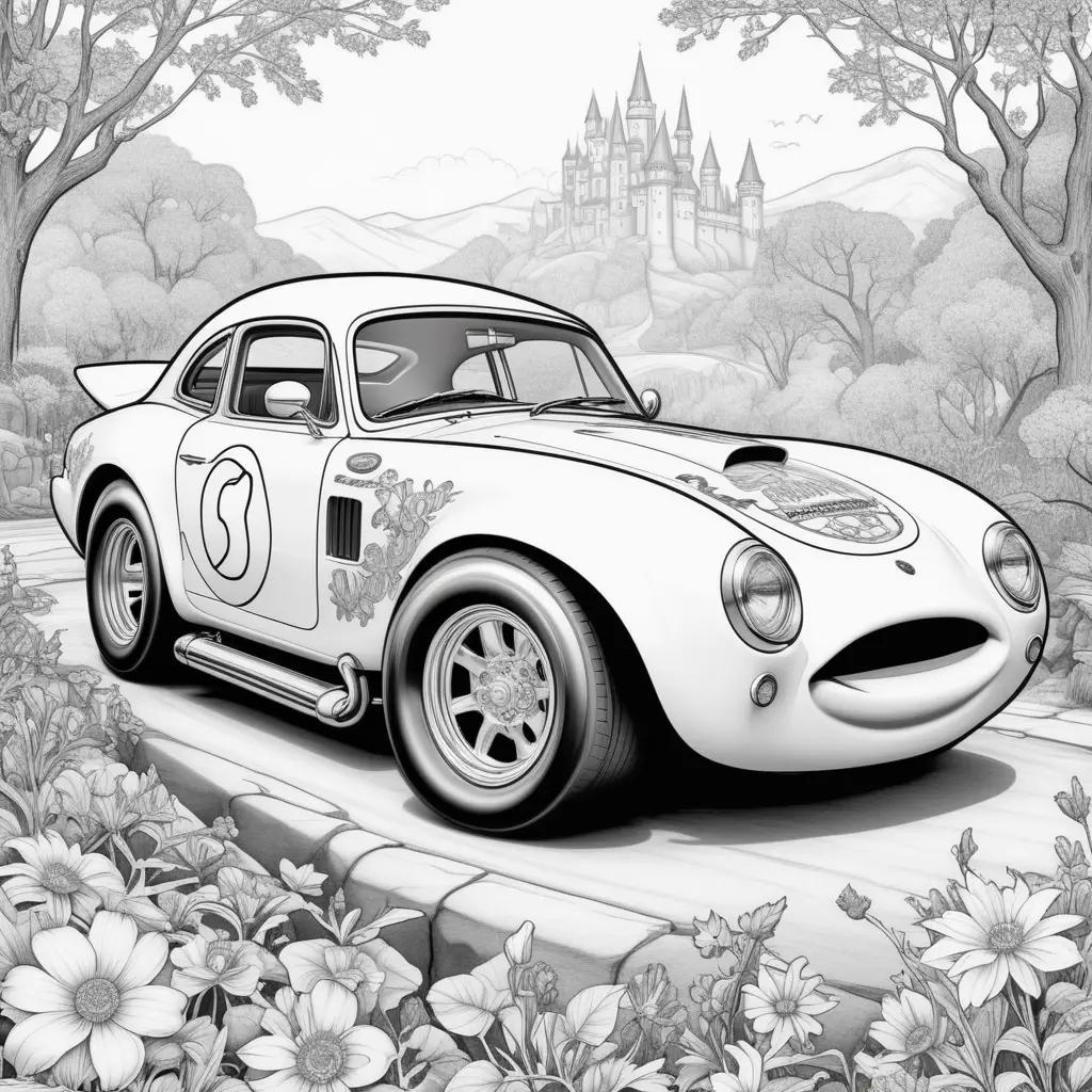 black and white drawing of a McQueen car in a castle scene