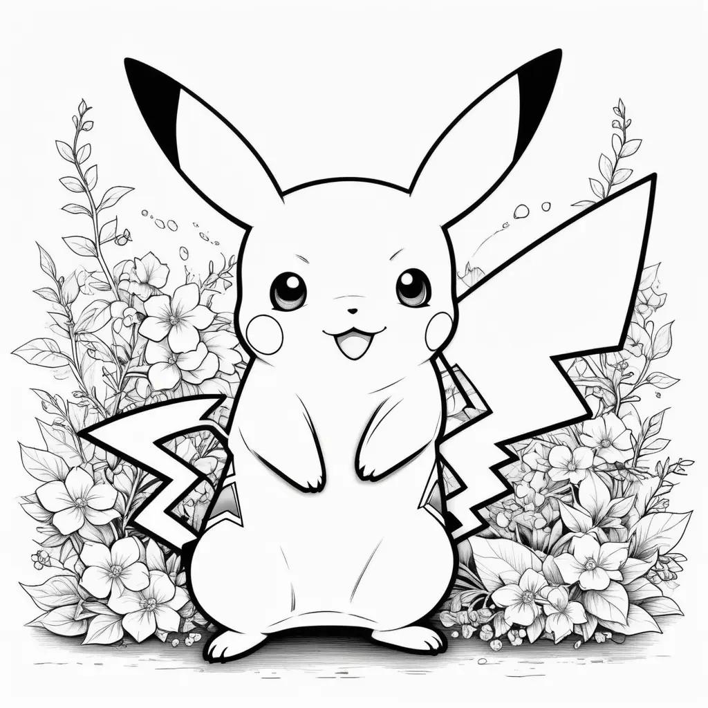 black and white drawing of a Pikachu standing next to flowers